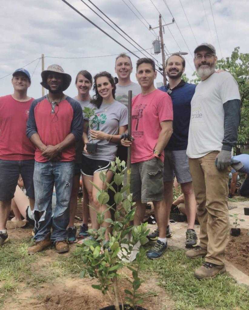 Steering committee at the planting of the Edgar Flores Memorial Garden at the Sara J. Gonzalez Park. Pictured left to right, Patrick Hand, Alan Holmes, Lisa Brown Jones, Sofia Bork, Cory Mosser, Paul Duncan, Daniel Calvert and John Ahern.